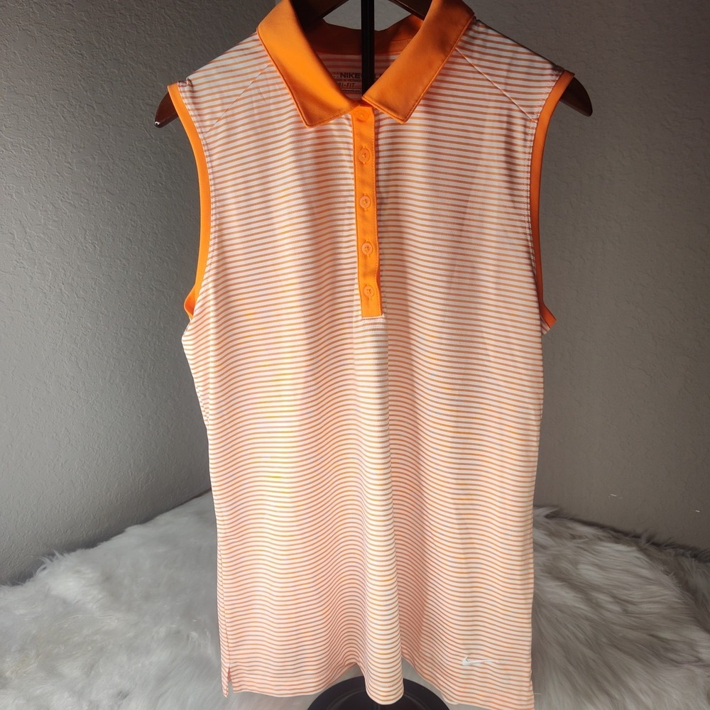 Nike Golf Polo Shirt Womens Large Orange Striped Sleeveless Dri-FIT Athletic